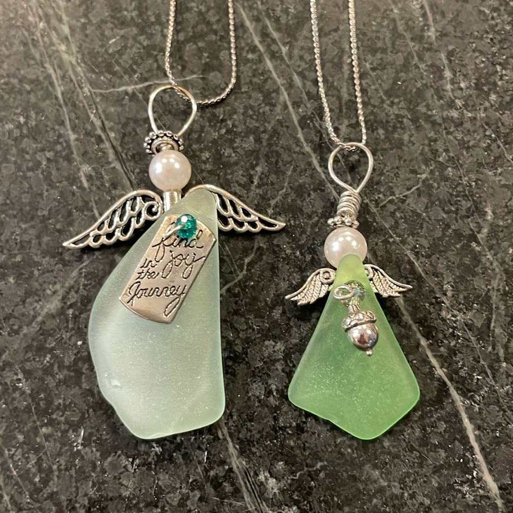 Pair of Green Sea Glass Angel Necklaces w/silver chains.